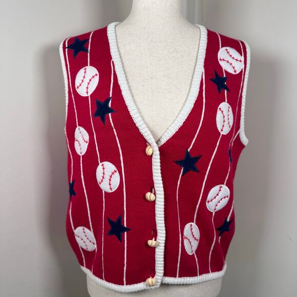 VTG BaseBall Stars Knitted Sweater Vest Small Cotton PBJ Sport Fun Red White Y2K - Picture 3 of 9